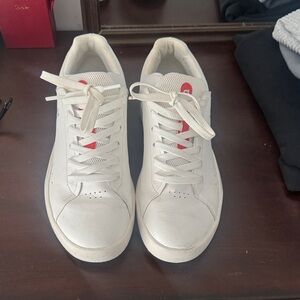White Lace-Up Sneakers with Red Tongue Accent